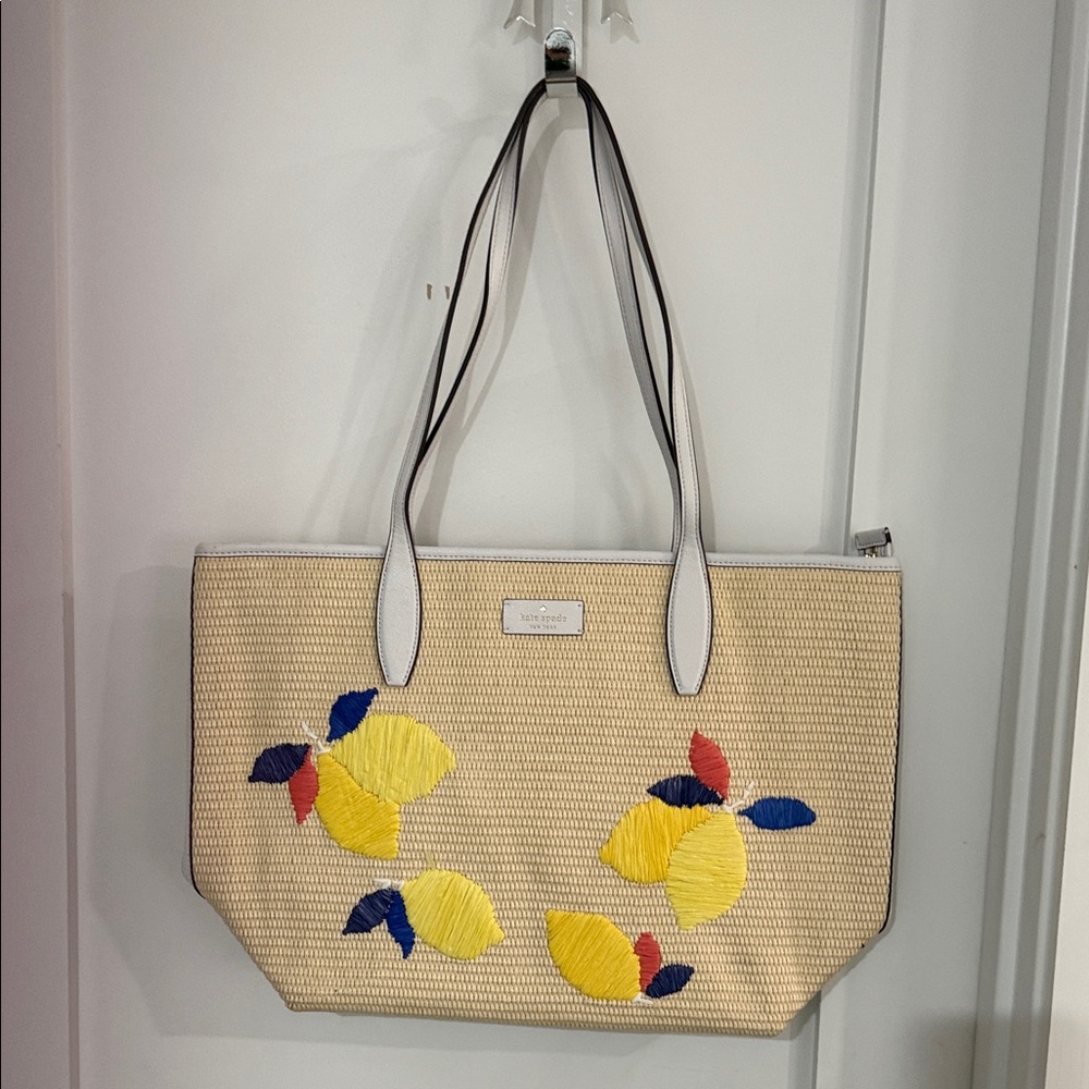 Kate Spade Lemon Embroidered Straw Tote Bag — Summer Woven Shoulder Tote